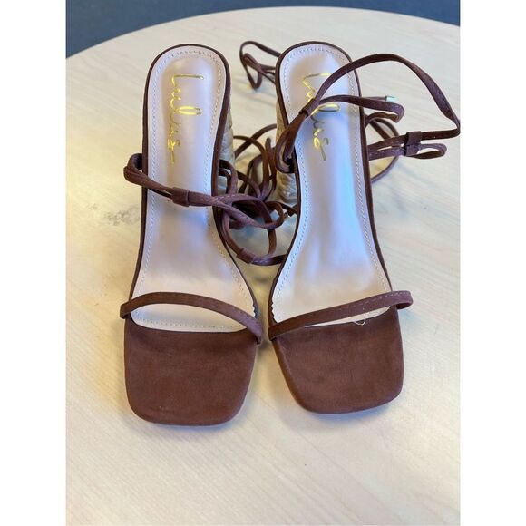 Lulus Cordell Espresso Sueded Ankle Wrap Sandals sz 8 NWOT - Picture 3 of 6